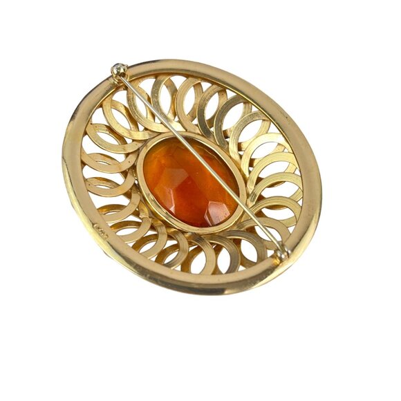 Napier Vintage GoldT one Brooch With Amber Gemstone Intricate Filigree Design Ov - Picture 4 of 5